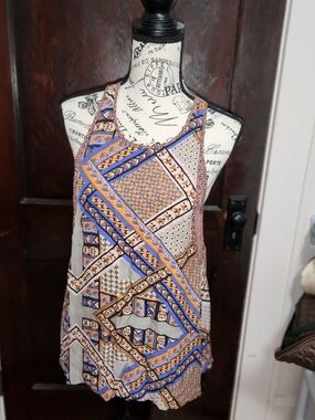 Madison Marcus Geometric Print Tank in Blue and Tan Small